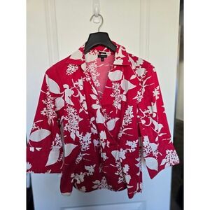 Talbots Red White Floral Wrap Blouse Cotton Stretch 3/4 Sleeve Size 12 Side Zip